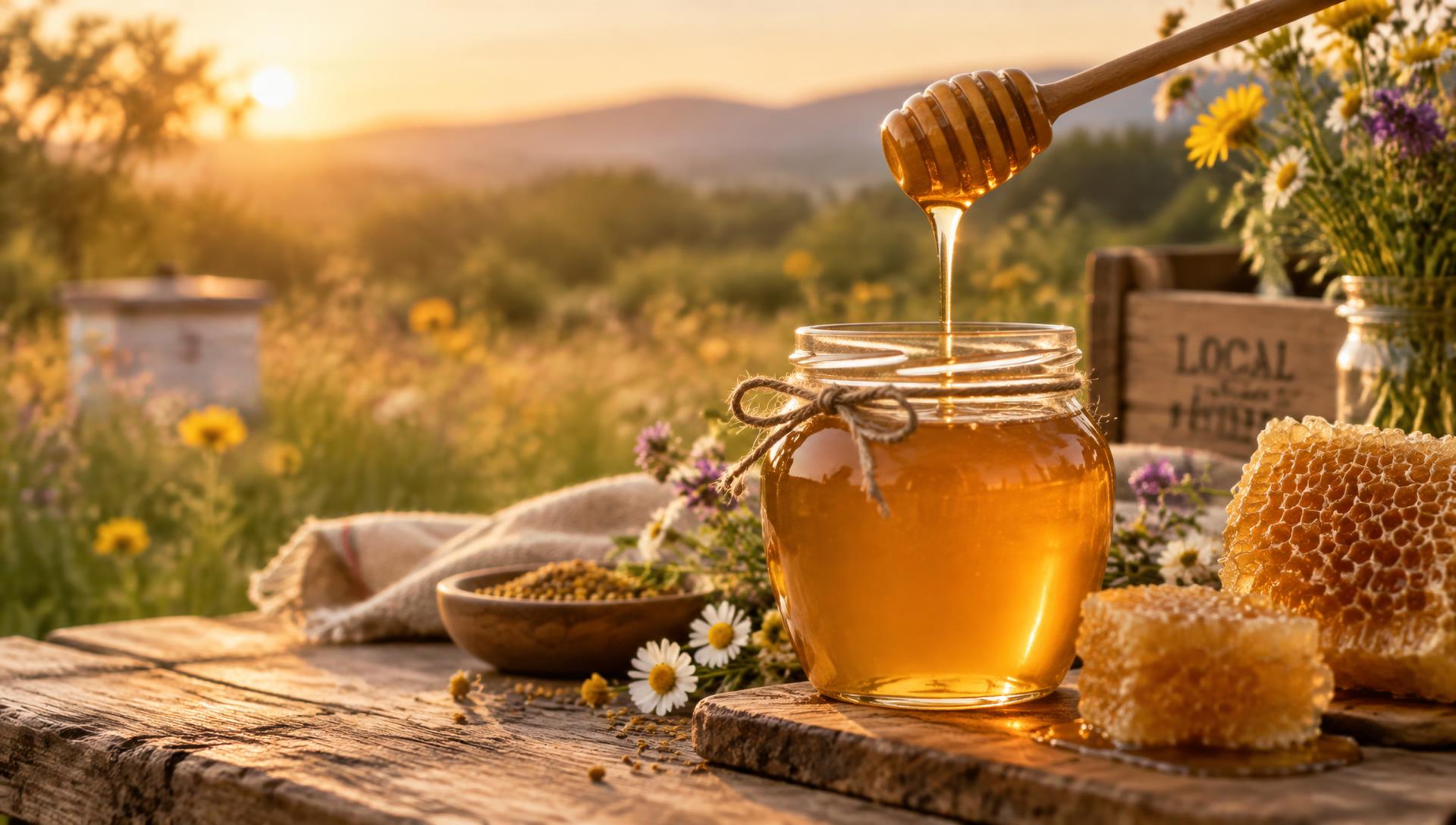 Jar of golden honey on a rustic table beside honeycomb, with hives in a wildflower meadow behind